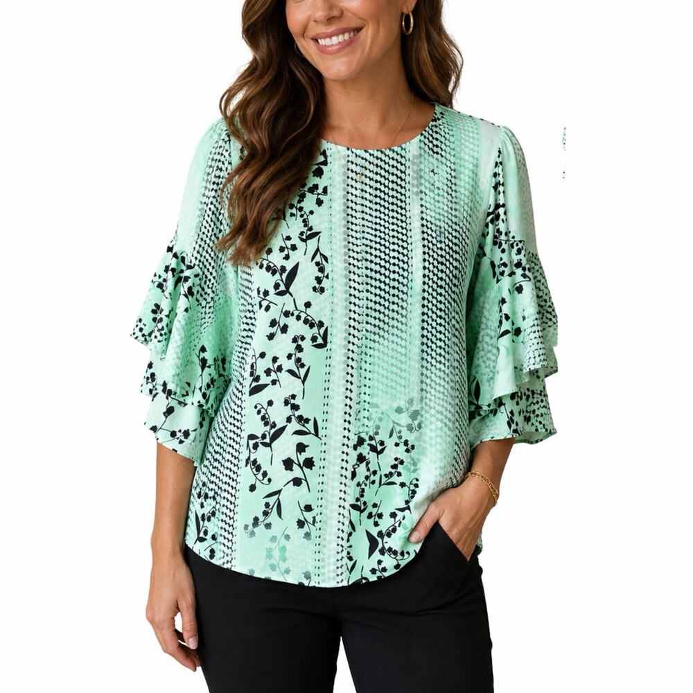 Alfani Womens XL Mint Green Black Floral Blouse Ruffle Bell Sleeve Top